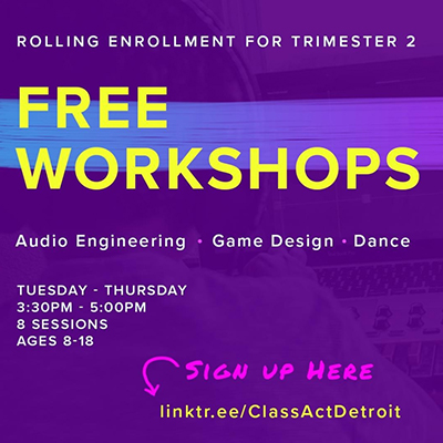 Purple poster with yellow text that says 'free workshops'