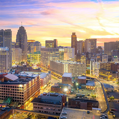 Colorful sunset over Detroit, MI skyline