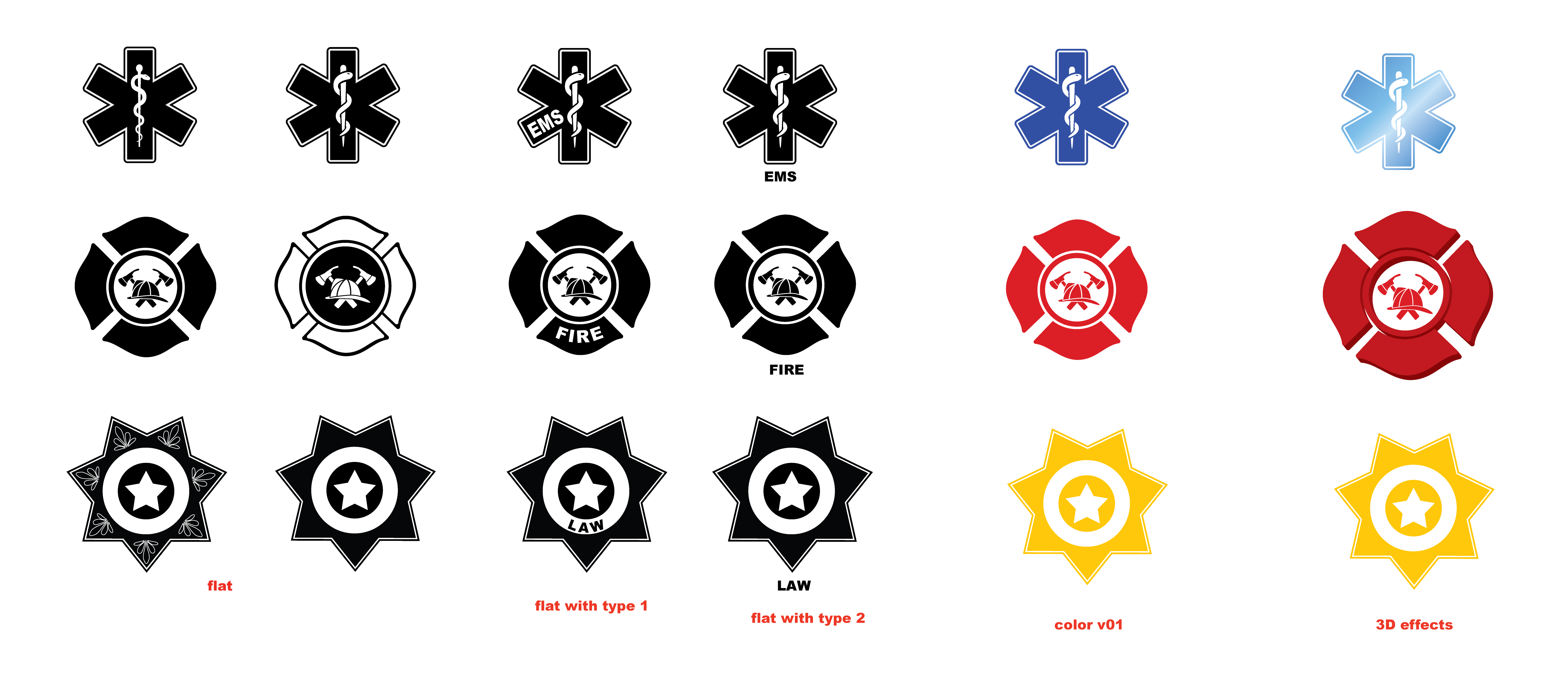 Grid showing step-by-step process of simplifying the symbols for law, ems, and fire