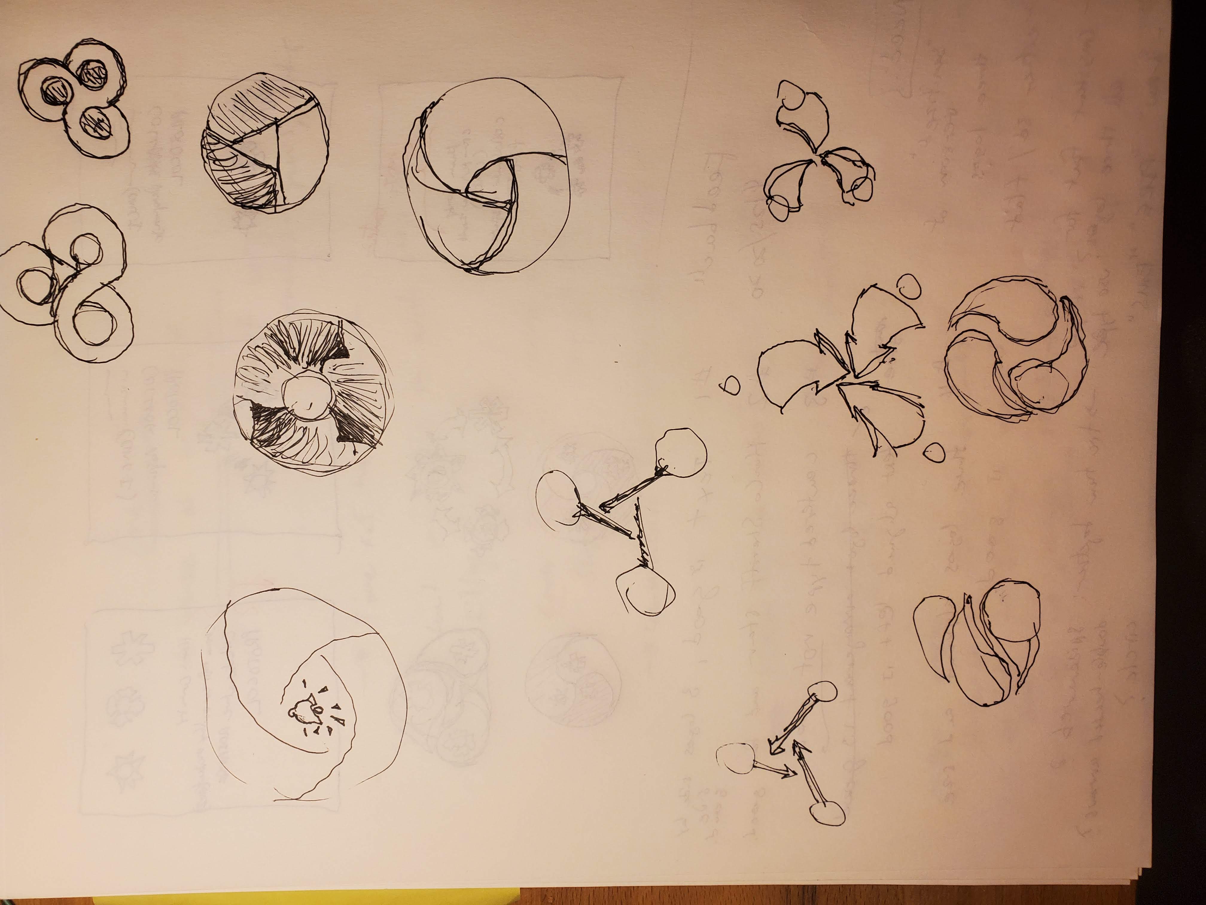 sketchbook page of ideas for three-part circular icon