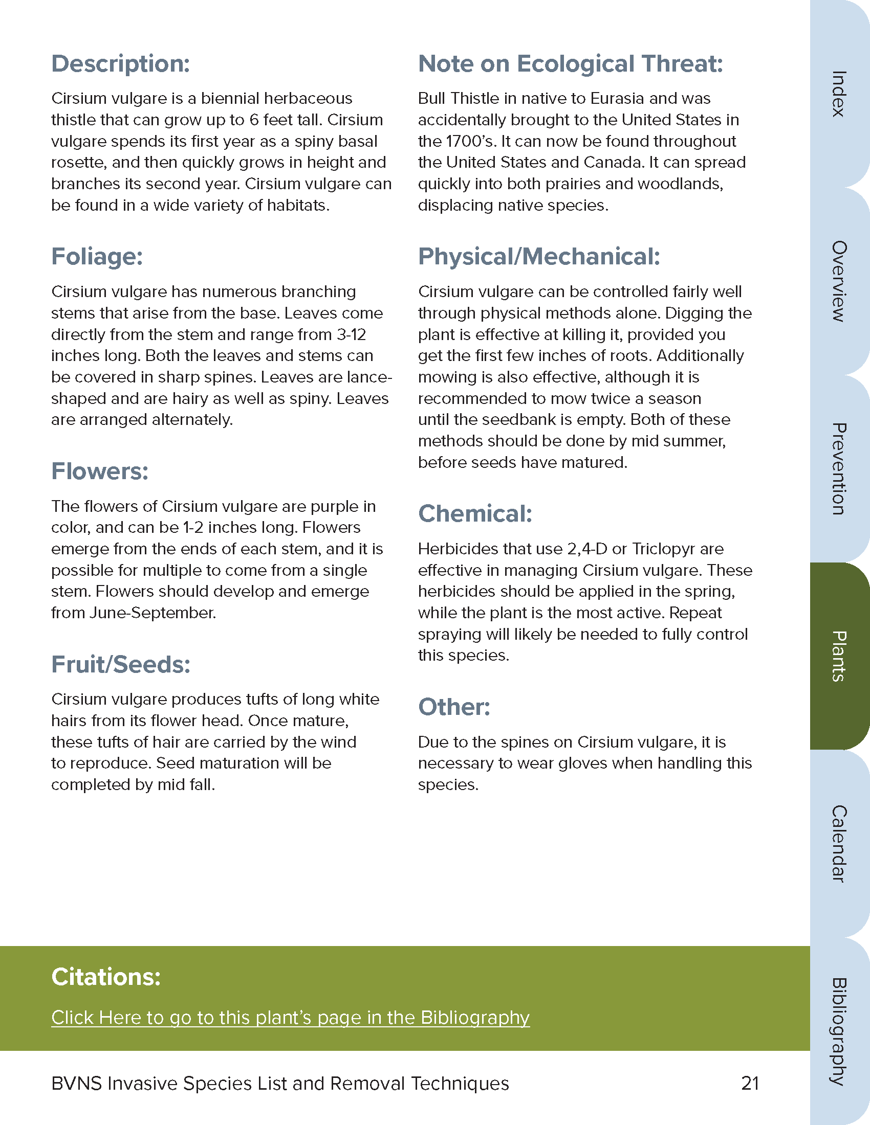 Plant info page from the final document, showing six tabs down the right side of the page and a green bar at the bottom with hyperlink to bibliography