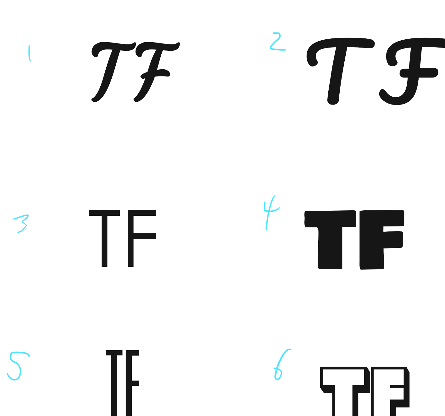 Initials 'TF' presented in many different fonts